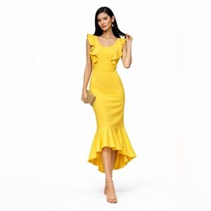 ANRABESS Yellow Ruffle Mermaid Midi Dress M Cocktail